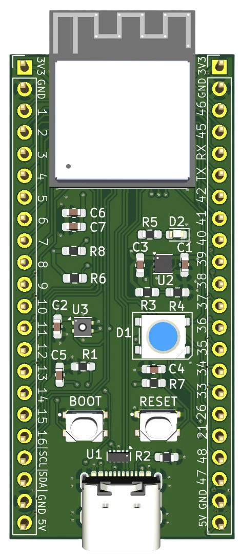 ESP32-S3 dev board — top-down 3D render